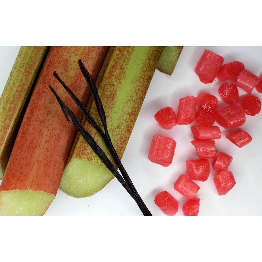 Sea Sugar Rhubarb & Vanilla sweets with rhubarb stalks and vanilla pods display
