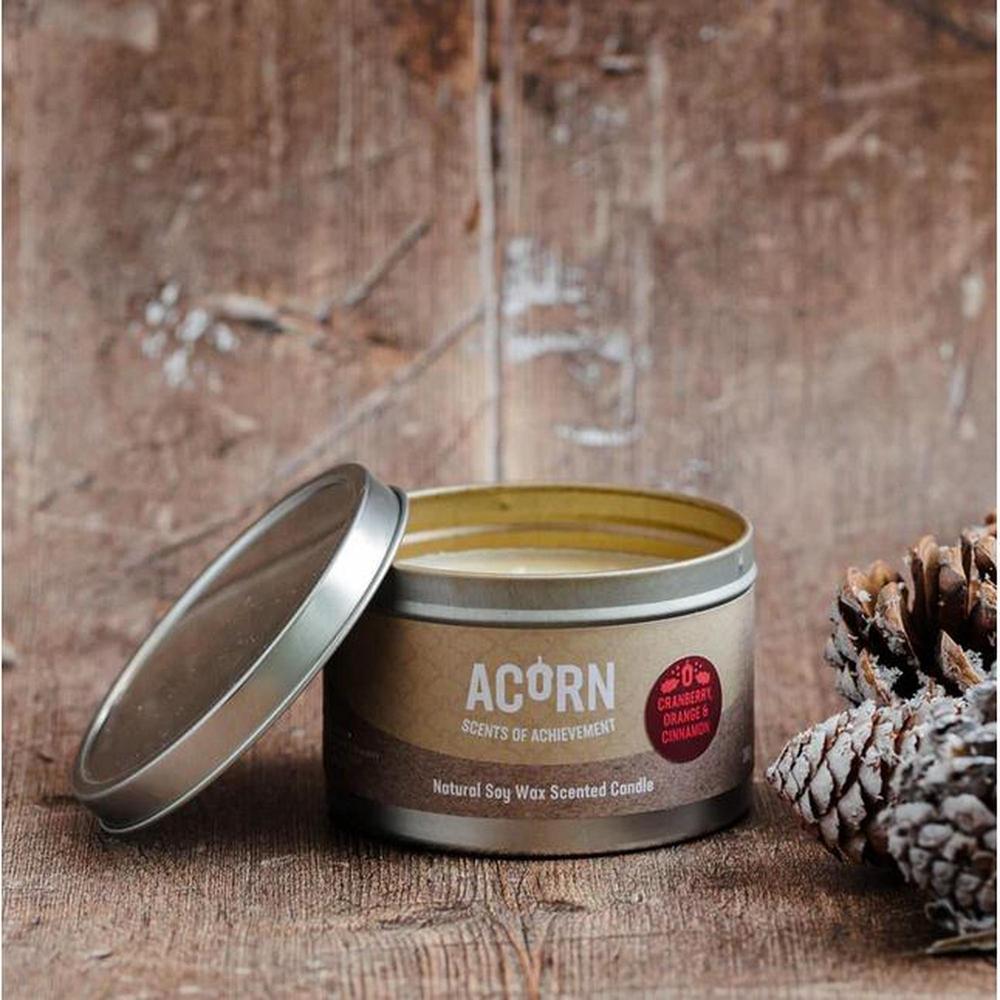 Acorn Cranberry, Orange & Cinnamon - Soy Candle Tin-Acorn-Basalt and Oak