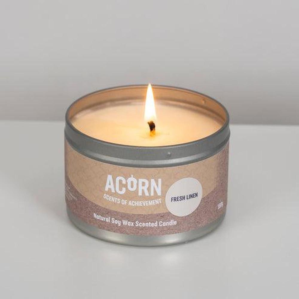 Acorn Fresh Linen Candle Tin-Acorn-Basalt and Oak