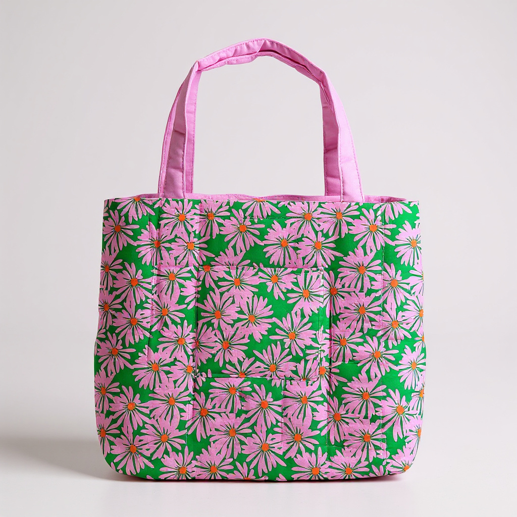 Handmade by Jessica Pink Daisies Quilted Shopper-Basalt and Oak